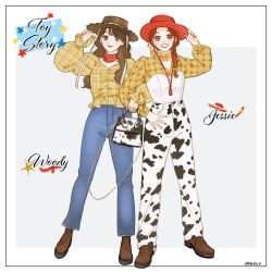 Rule 34 | 2girls, adapted costume, animal print, boots, braid, chaps, cow print, cowboy, cowboy boots, cowboy hat, cowboy western, cowgirl (western), gender, green eyes, hat, jessie the yodeling cowgirl, long hair, long sleeves, meecosme, multiple girls, print chaps, red hair, sheriff woody, shirt, single braid, smile, swap, toy story, toy story 2, western, white chaps, yoke (clothing)