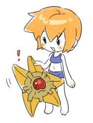 ! 1girl asymmetrical_hair barefoot bikini blue_bikini blue_eyes blush blush_stickers chibi feet gen_1_pokemon misty_(pokemon) navel nintendo open_mouth orange_hair pokemon pokemon_(anime) pokemon_frlg pokemon_rgby ponytail short_hair side_ponytail smile staryu swimsuit