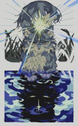 Rule 34 | animal focus, blue fur, blue tail, body fur, cat, grass, green eyes, multicolored fur, no humans, sketch, solo, tears, unfinished, warrior cats, water, wxlfpatch, yellow fur