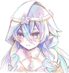 1girl bare_shoulders blue_hair bright_pupils genshin_impact hair_between_eyes hood jewelry layla_(genshin_impact) long_hair neck_ring open_mouth pointy_ears solo touka_(pixiv71609120) upper_body white_pupils