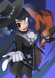 1girl :d ascot black_headwear blue_background breasts brown_skirt chain commentary_request eyelashes gen_8_pokemon gloves hat highres index_finger_raised looking_at_viewer lower_teeth_only medium_breasts monocle nintendo official_alternate_costume opaque_monocle open_mouth pantyhose pleated_skirt pokemon pokemon_(creature) pokemon_masters_ex red_eyes skirt smile teeth thievul white_ascot white_gloves yuro_(mangasukinoyuro) zinnia_(pokemon) zinnia_(special_costume)_(pokemon)