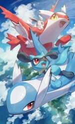 absurdres alternate_color black_fur blue_fur blue_sky claws closed_mouth cloud day dragon eevee flying full_body gen_1_pokemon gen_3_pokemon gen_4_pokemon green_eyes highres island latias latios legendary_pokemon nintendo no_humans nullma ocean open_mouth outdoors pokemon pokemon_(creature) pokemon_focus red_eyes riding riding_pokemon riolu shiny_pokemon sky smile tail water white_fur wings yellow_eyes