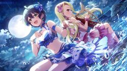 2girls ahoge alternate_hair_color bikini black_hair blonde_hair bracelet braid breasts cleavage cloud dress earrings game_cg green_eyes hair_ornament harp idolmaster idolmaster_million_live! idolmaster_million_live!_theater_days instrument jewelry minase_iori moon multiple_girls nail_polish navel official_art open_mouth profile red_eyes sakuramori_kaori splashing swimsuit water