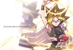 2boys arm_up atem back-to-back belt black_belt black_choker black_hair black_shirt black_wrist_cuffs blue_jacket blue_pants card chain chain_necklace choker colored_bangs drawing_(action) duel_disk colored_bangs english_text facing_away facing_viewer hair_over_one_eye holding holding_card jacket jacket_on_shoulders jewelry light_particles male_focus migime2450 millennium_puzzle multiple_boys muto_yugi necklace open_clothes open_hand open_jacket open_mouth pants popped_collar purple_eyes shirt sleeveless sleeveless_shirt smile spiked_hair technology techwear white_background wind wrist_cuffs yu-gi-oh! yu-gi-oh!_the_dark_side_of_dimensions