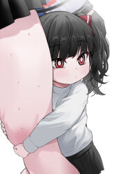 2girls absurdres aged_down bare_legs black_gloves black_hair black_skirt blue_archive bright_pupils child commentary gloves halo highres hugging_another&#039;s_leg long_hair looking_ahead multiple_girls pleated_skirt red_eyes ringed_eyes rio_(blue_archive) simple_background skirt sweat sweater symbol-only_commentary thick_thighs thighs white_background white_pupils white_sweater yuki_(asayuki101) yuuka_(blue_archive)