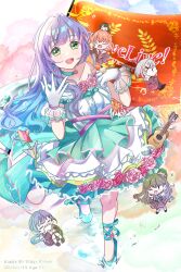 6+girls :d ;d ^_^ acoustic_guitar aqua_neckerchief aqua_shoes arm_up black_pantyhose black_shoes blue_background bob_cut breasts brown_dress brown_hair character_age character_name chibi chibi_inset clenched_hand closed_eyes colored_inner_hair commentary_request dated dress flag flats frilled_dress frilled_gloves frills fujishima_megumi gloves green_background green_eyes green_hair guitar hair_ornament hairclip happy_birthday hellomegu! highres hinoshita_kaho instrument inverted_bob link!_like!_love_live! long_hair love_live! love_live!_victory_flag medium_breasts medium_dress mini_person minigirl momose_ginko multicolored_hair multiple_girls neckerchief official_alternate_costume official_alternate_hairstyle ogami_sachi on_head one_eye_closed open_hand open_mouth otomune_kozue pantyhose person_on_head pink_background pleated_dress purple_hair rabbit_hair_ornament red_neckerchief sailor_collar sailor_dress sakari_(pear_8_ll) shoes short_hair sidelocks single-shoulder_dress single_bare_shoulder smile socks solo_focus standing star_(symbol) star_hair_ornament streaked_hair tears two_side_up virtual_youtuber water_drop white_dress white_gloves white_sailor_collar white_socks yellow_background yugiri_tsuzuri yume_wazurai |_|