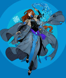 1girl absurdres aqua_gemstone armor armor_under_clothes artist_logo belt black_armor blue_background blue_eyes blue_robe breastplate casting_spell commentary concentric_circles earrings english_commentary facing_viewer floating fsnowzombie full_body gem gold_ring gorget greaves grey_trim grin hair_between_eyes hair_ornament highres holding holding_wand hydrokinesis jewelry logo long_hair looking_at_viewer multiple_rings original purple_belt red_hair rerebrace ring robe sabaton simple_background smile solo tassel vambraces very_long_hair wand water water_drop witch