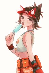 Rule 34 | 1girl, breasts, brown eyes, brown hair, crop top, food, gloves, hat, highres, kiriko (overwatch), lifeguard, lifeguard kiriko, looking at viewer, o694699, open mouth, overwatch, popsicle, red hat, short hair, small breasts, solo, tongue, tongue out, visor cap, whistle, whistle around neck, white background