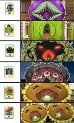 black_eyes cactus_(plants_vs_zombies) chomper_(plants_vs_zombies) drooling facepaint glowing glowing_eyes grave_buster_(plants_vs_zombies) helmet highres mouth_drool mouth_focus multiple_heads mythios no_humans open_mouth oral_invitation plants_vs_zombies red_eyes saliva saliva_trail sexually_suggestive sharp_teeth sunflower_(plants_vs_zombies) tangle_kelp_(plants_vs_zombies) teeth tongue tongue_out twin_sunflower_(plants_vs_zombies)