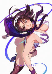 Rule 34 | 1girl, animal print, artist name, ass, belt, bird print, black hair, breasts, cleavage, commentary, commission, english commentary, english text, from above, hairband, high heels, highres, hood, kazama jun, large breasts, leotard, official alternate costume, short hair, simple background, single thighhigh, smile, solo, sumustard, tekken, tekken tag tournament 2, thighhighs, white background, white hairband, white leotard