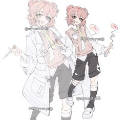 +_+ 1girl :3 :d androgynous aynm010330 black_shorts blue_eyes character_request check_gender commentary commission copyright_request full_body gender_request ghost hair_ornament hairclip hashtag-only_commentary heterochromia highres hikimayu intravenous_drip necktie open_mouth pale_skin pill shoes shorts smile sweater_vest syringe too_many_watermarks twitter_username watermark white_shoes yellow_eyes yellow_necktie