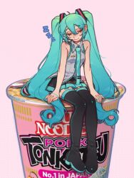 Rule 34 | 1girl, aqua hair, aqua necktie, aqua trim, bare arms, bare shoulders, black boots, black skirt, boots, breasts, closed eyes, closed mouth, collared shirt, cup ramen, full body, grey shirt, hair between eyes, hatsune miku, headset, highres, long hair, medium breasts, mikashiyaaa, necktie, pleated skirt, shirt, sitting, skirt, sleeveless, sleeveless shirt, smile, solo, thigh boots, twintails, very long hair, vocaloid, zzz