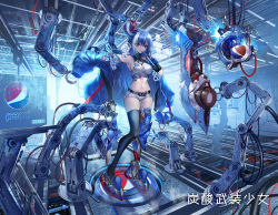 1girl armpits bare_shoulders belt black_thighhighs blue_hair blue_jacket bottle breasts commentary_request crop_top drinking drinking_straw full_body hair_between_eyes heirou indoors jacket large_breasts long_hair long_sleeves machinery mechanical_legs micro_shorts midriff multicolored_hair navel off_shoulder open_clothes open_fly open_jacket original outstretched_arm pepsi red_eyes revealing_clothes shirt short_shorts shorts shoulder_tattoo sideboob sidelocks single_thighhigh sleeveless sleeveless_shirt solo standing stomach streaked_hair tattoo taut_clothes taut_shirt thighhighs thighs white_shirt white_shorts