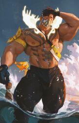 Rule 34 | 1boy, abs, absurdres, antlers, armband, bara, black gloves, black male swimwear, bulge, commentary, eikthyrnir (fire emblem), eikthyrnir (summer) (fire emblem), fire emblem, fire emblem heroes, gloves, glowing antlers, hand on own head, highres, holding, holding removed eyewear, hoonzino, horns, large pectorals, legskin, male focus, male swimwear, mask, mouth mask, muscular, muscular male, navel, nintendo, nipples, ocean, official alternate costume, pectorals, solo, sunglasses, topless male, unworn eyewear, wading, waves, whistle, whistle around neck, yellow armband