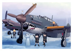 4girls aircraft airplane animal arm_up arms_up bird black_hair black_skirt black_socks blonde_hair blush brown_footwear brown_gloves brown_scarf cat d4y_suisei fairy_(kancolle) fringe_trim gloves grey_skirt hair_between_eyes hands_on_own_hips highres kantai_collection kneehighs long_hair long_sleeves military_vehicle multiple_girls open_mouth p-40_warhawk propeller_fighter scarf seagull shoes short_hair skirt smile snow socks sparkle timmyyen vehicle_focus