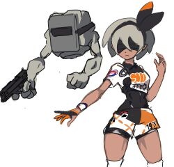 1girl 1other 2b_(nier:automata) bea_(pokemon) black_leotard blindfold commentary cosplay crop_top dark-skinned_female dark_skin english_commentary fingerless_gloves floating gen_1_pokemon geodude gloves grey_hair gun handgun holding holding_gun holding_weapon leotard name_connection nier:automata nier_(series) nintendo partially_fingerless_gloves pea_(poopingirl) pod_(nier:automata) pod_(nier:automata)_(cosplay) pokemon pokemon_(creature) pokemon_swsh short_hair shorts single_fingerless_glove standing weapon wristband