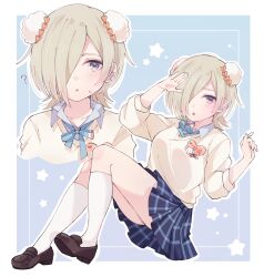 Rule 34 | 1girl, ?, blonde hair, blue ribbon, blue shirt, blue skirt, blush, breasts, brown footwear, bun cover, collared shirt, cropped shoulders, ear piercing, hair over one eye, highres, kneehighs, loafers, long sleeves, looking at viewer, love live!, love live! nijigasaki high school idol club, medium breasts, mia taylor, multiple views, neck ribbon, notyu maru, one eye covered, outline, parted lips, piercing, plaid clothes, plaid skirt, pleated skirt, purple eyes, ribbon, shirt, shoes, short hair, skirt, socks, star (symbol), sweater, upper body, white outline, white socks, white sweater