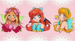 Rule 34 | 1990s (style), 3girls, adapted costume, ahoge, animification, aqua hairband, bad id, bad twitter id, bare shoulders, bishoujo senshi sailor moon, blonde hair, bloom (winx club), blowing kiss, blue arm warmers, blue bow, blue bowtie, blue choker, blue eyes, blue leotard, blue wings, bow, bowtie, bracer, breasts, brooch, brown hair, choker, cleavage, commentary, cropped torso, dark-skinned female, dark skin, dot nose, dragon wings, earrings, english commentary, eyelashes, eyes visible through hair, eyeshadow, fairy, fairy wings, faux retro artstyle, finger to mouth, flora (winx club), flower, frilled bowtie, gleam, gold earrings, gold tiara, green eyes, green wings, hair bow, hair tubes, hairband, heart, heart brooch, heart choker, heart earrings, honeymoonpetal, jewelry, lace background, leaf, leotard, light blush, lipstick, long hair, low twintails, magical girl, makeup, mini tiara, multicolored hair, multiple girls, one eye closed, open mouth, orange choker, orange hair, orange leotard, orange wings, parody, parted lips, petals, pink arm warmers, pink background, pink bow, pink bowtie, pink choker, pink eyeshadow, pink flower, pink leotard, red flower, red lips, red rose, retro artstyle, rose, rose petals, smile, star (symbol), star choker, stella (winx club), strapless, strapless leotard, streaked hair, style parody, tareme, twintails, two-tone hair, wings, winx club