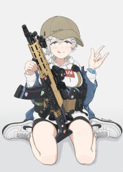1girl \m/ ak-104 artist_name baseball_cap bike_shorts black_shoes blue_jacket brown_hat closed_mouth clothes_writing commentary_request full_body grey_hair gun hair_ornament hairpin hat highres holding holding_gun holding_weapon hood hoodie jacket kalashnikov_rifle load_bearing_vest looking_at_viewer magazine_(weapon) nike_(company) original savankov shoes short_hair sitting smile sneakers solo tongue tongue_out walkie-talkie wariza weapon white_hoodie white_shoes x_hair_ornament