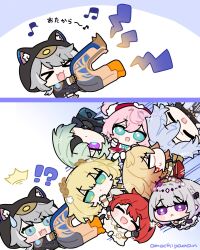 !? &gt;_&lt; 3boys 5girls :3 ^^^ ^_^ aglaea_(honkai:_star_rail) anaxa_(honkai:_star_rail) animal_ears artist_name black_jacket blonde_hair blue_hair blush_stickers bright_pupils castorice_(honkai:_star_rail) chibi chrysos_heirs_(honkai:_star_rail) cipher_(honkai:_star_rail) closed_eyes dress eyepatch facial_tattoo gradient_background gradient_hair green_eyes green_hair grey_hair hand_up head_wreath highres holding honkai:_star_rail honkai_(series) hood hooded_jacket hyacine_(honkai:_star_rail) jacket laurel_crown long_hair magnet magnetism motion_lines multicolored_hair multiple_boys multiple_girls musical_note mydei_(honkai:_star_rail) omochi_binta open_mouth orange_hair phainon_(honkai:_star_rail) pointy_ears purple_background purple_eyes red_hair short_hair speed_lines surprised sweatdrop tattoo tribbie_(honkai:_star_rail) white_background white_dress white_pupils
