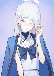 1girl absurdres aoi_riko blue_archive blue_bow blue_bowtie blush bow bowtie commentary_request grey_eyes hair_ornament hand_up haori highres japanese_clothes long_hair looking_at_viewer nagusa_(blue_archive) one_eye_closed sailor_collar school_uniform shirt smile snowflake_hair_ornament solo standing white_hair white_sailor_collar white_shirt
