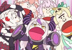 5girls ahoge animal_ears animal_hood black_hair black_hairband blonde_hair bow buru-dai coat commentary_request demon_horns grey_hair hair_ornament hairband hakui_koyori head_wings hololive holox hood horns japanese_clothes kazama_iroha la+_darknesss lipstick makeup multicolored_hair multiple_girls open_mouth orca_hood pink_hair plaid_bow plaid_clothes plaid_skirt puppet purple_coat purple_hair sakamata_chloe signature skirt sleeves_past_wrists solid_circle_eyes streaked_hair striped_horns takane_lui two-tone_hair unibrow v-shaped_eyebrows wings wolf_ears wolf_girl x_hair_ornament yellow_eyes
