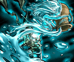 1girl aqua_eyes armpit_crease arms_up bare_shoulders breasts brown_shorts cleavage commentary_request cropped_legs crotch green_background holding holding_jar jar katou_reda looking_at_viewer medium_breasts monster_girl navel one_eye_covered original shorts slime_(substance) slime_girl slime_hair solo topless_female urn