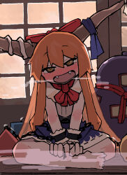 1girl aroused blush bow breath brown_horns chain cuffs drunk fangs fingernails gourd hair_bow heavy_breathing highres horn_ornament horn_ribbon horns ibuki_suika long_hair looking_at_viewer oni open_mouth orange_hair pyramid_(geometry) ribbon shackles sharp_fingernails torn_clothes torn_sleeves touhou yellow_eyes yugi_0928