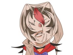 1girl black_hair bow bowtie closed_eyes commentary_request cone_horns horns kijin_seija long_hair multicolored_hair onikobe_rin pantyhose_on_head purple_bow purple_bowtie red_hair shirt simple_background small_horns solo streaked_hair touhou upper_body white_background white_hair white_horns white_shirt