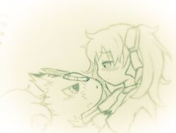 Rule 34 | aiba ami, blue eyes, digimon, digimon (creature), digimon story: cyber sleuth, dorumon, goggles, goggles on head, long hair, monochrome, red hair, sidetail, sketch