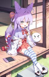 1girl absurdres ahoge blue_eyes blue_shirt blue_thighhighs bow bowtie collared_shirt commentary_request fox_girl fox_tail full_body hair_horns hair_intakes hair_ornament hair_rings hakama hakama_short_skirt hakama_skirt handheld_game_console heterochromia highres japanese_clothes kimono korean_commentary long_hair long_sleeves looking_at_viewer mannack mismatched_pupils multicolored_hair nintendo_switch open_clothes open_kimono open_mouth pink_pupils pom_pom_(clothes) pom_pom_hair_ornament purple_hair red_bow red_bowtie red_hakama ribbon-trimmed_sleeves ribbon_trim shirt sitting skirt sleeves_past_wrists smile solo stellive striped_clothes striped_thighhighs stuffed_toy tail tenko_shibuki thighhighs two-tone_hair two-tone_thighhighs very_long_hair white_hair white_kimono white_thighhighs wide_sleeves yellow_eyes yellow_pupils