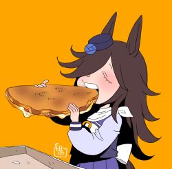 Rule 34 | 1girl, blush, brown hair, closed eyes, commentary request, eating, flipped hair, food, hair over one eye, hat, horse girl, long hair, long sleeves, onikobe rin, open mouth, orange background, pizza, purple hat, purple shirt, rice shower (umamusume), school uniform, shirt, simple background, solo, tracen school uniform, umamusume, upper body, winter uniform