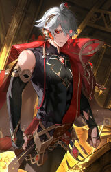 Rule 34 | 1boy, absurdres, ahoge, alhaitham (genshin impact), alternate color, alternate eye color, alternate hair color, artist name, black gloves, black pants, black shirt, cable, cape, chest jewel, clenched hands, coin, commentary request, compression shirt, elbow gloves, fingerless gloves, gem, genshin impact, gloves, gold trim, grey hair, hair between eyes, headphones, highres, indoors, kamino eru, looking at viewer, male focus, multicolored hair, pants, parted bangs, parted lips, pectorals, red cape, red eyes, red gemstone, red hair, shirt, short hair, sleeveless, sleeveless shirt, solo, standing, tile floor, tiles, watermark