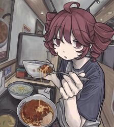 1girl absurdres ahoge alternate_costume bags_under_eyes casual depressed drill_hair gudon_udon hair_between_eyes hamburger_steak highres holding holding_spoon indoors jitome kasane_teto looking_at_viewer miso_soup muted_color no_pupils pale_skin parted_lips raglan_sleeves red_eyes red_hair restaurant solo spoon tray twin_drills upper_body utau