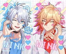 2boys alternate_costume antenna_hair arm_tattoo black_choker blonde_hair blue_eyes blue_shirt braid chest_tattoo choker closed_eyes collared_shirt commentary drawn_ears facial_tattoo gradient_hair hair_between_eyes half-heart_hands honkai:_star_rail honkai_(series) male_focus medium_hair multicolored_hair multiple_boys mydei_(honkai:_star_rail) open_clothes open_shirt parted_bangs phainon_(honkai:_star_rail) red_hair red_shirt red_tattoo shirt shokill short_hair side_braid sticker tattoo white_hair white_shirt
