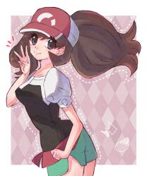 1girl black_shirt brown_eyes brown_hair closed_mouth elaine_(pokemon) from_side green_shorts hat highres long_hair looking_at_viewer ngo_(ngo_hotategoya) nintendo pokemon pokemon_lgpe puffy_short_sleeves puffy_sleeves red_hat shirt short_sleeves shorts smile solo two-tone_hat w white_hat