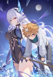 1boy 1girl absurdres black_pants black_unitard blonde_hair blue_eyes breasts closed_mouth commentary_request full_moon genshin_impact green_scarf grey_hair grey_sweater highres holding holding_stick holding_sword holding_weapon large_breasts moon night night_sky official_alternate_costume pants pi_tayuko purple_hands red_eyes scarf skirk_(genshin_impact) sky star_(sky) stick sweater sword tartaglia_(genshin_impact) weapon