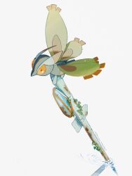 animal_focus bug creatures_(company) game_freak gen_4_pokemon highres holding leaf mokuzou_(moku_ssbu) mothim nintendo no_humans orange_eyes pokemon pokemon_(creature) ripples simple_background solo white_background