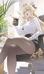 &lt;|&gt;_&lt;|&gt; 2girls :3 absurdres beanie bespectacled black_pantyhose black_skirt blinders blonde_hair blue_eyes book book_stack braid breasts brown_hair button_gap chair chime_(nikke) cleavage coffee coffee_mug collared_shirt commentary crossed_legs crown_(nikke) cup drill_hair glasses goddess_of_victory:_nikke hair_between_eyes hair_intakes hat helmet highres holding holding_cup indoors large_breasts long_hair long_sleeves looking_at_viewer motion_blur mug multiple_girls office office_chair office_lady open_mouth pantyhose pencil_skirt shirt sidelocks sitting skirt smile sparkle spilling sweater_vest swivel_chair thighs very_long_hair wge white_knight_(nikke) white_shirt yellow_hat