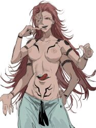 Rule 34 | 1girl, arm tattoo, breast tattoo, breasts, extra arms, extra eyes, extra mouth, facial tattoo, fallsoki, genderswap, genderswap (mtf), hand on own face, hand on own hip, jujutsu kaisen, nipples, pants, red hair, ryoumen sukuna (jujutsu kaisen), ryoumen sukuna (true form) (jujutsu kaisen), stomach tattoo, tattoo, topless female, white pants