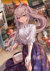 1girl 1other alternate_costume awning ayanami_(azur_lane) azur_lane bag belt bicycle blonde_hair blush bow breasts building commentary_request dutch_angle fingernails floral_print_skirt gloves hair_between_eyes hair_bow handbag headgear high_ponytail highres holding_hands lamppost long_hair long_skirt medium_breasts open_mouth orange_eyes orange_sky outdoors pink_bag ponytail pov pov_hands power_lines red_bow road shirt sign skirt sky street sugisaki_yuu sunset twilight utility_pole very_long_hair white_gloves white_shirt