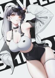 1girl absurdres adjusting_eyewear alternate_costume black_hair black_shorts blunt_bangs breasts cleavage cropped_jacket dolphin_shorts eyewear_on_head grey_hair highres hololive hololive_english jacket large_breasts long_hair looking_at_viewer mintz912 multicolored_hair open_clothes open_jacket parted_lips ponytail shiori_novella short_shorts shorts sidelocks single_thighhigh solo split-color_hair sports_bra sunglasses thighhighs virtual_youtuber white_sports_bra white_thighhighs yellow_eyes