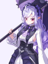 1girl absurdres ahoge ascot black_nails bow bowtie breasts center_frills dress ekal_001 frills gem hairband highres holding holding_umbrella large_breasts mole mole_under_eye pointy_ears purple_ascot purple_bow purple_bowtie purple_gemstone purple_hair purple_hairband purple_umbrella red_eyes sideboob_cutout solo umbrella vivian_banshee white_background white_dress zenless_zone_zero