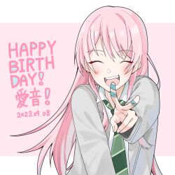 Rule 34 | 1girl, ^ ^, bandaid, bandaid on finger, bang dream!, bang dream! it&#039;s mygo!!!!!, blush, chihaya anon, closed eyes, commentary request, dated, diagonal-striped clothes, diagonal-striped necktie, fang, grey jacket, haneoka school uniform, happy birthday, highres, jacket, long hair, nanami (nunnun 0410), necktie, open mouth, pink background, pink hair, school uniform, shirt, solo, striped clothes, teeth, translated, upper body, upper teeth only, v, white shirt