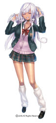 1girl black_shoes black_skirt breasts cardigan cleavage copyright_notice dark-skinned_female dark_skin full_body grin gyaru hands_in_own_hair highres homura_yuni jacket leg_warmers loafers looking_at_viewer murasaki_kagami official_art open_clothes open_jacket pink_cardigan pleated_skirt purple_eyes red_ribbon ribbon school_uniform second-party_source shoes skirt smile taimanin_(series) taimanin_rpgx white_background white_hair