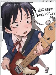 Rule 34 | 1girl, art program in frame, black eyes, black hair, blazer, blue jacket, blue skirt, collared shirt, commentary request, dress shirt, electric guitar, fender telecaster, from above, full body, futsuu no keion-bu, guitar, hatono chihiro, highres, holding, holding guitar, holding instrument, holding plectrum, instrument, jacket, kusakabe (kskb e), lapels, long hair, long sleeves, neck ribbon, open mouth, pleated skirt, plectrum, procreate (software), red ribbon, ribbon, sandals, sanpaku, school uniform, screencap, shirt, simple background, skirt, socks, solo, standing, sweat, translation request, v-shaped eyebrows, white background, white shirt, white socks