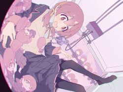1girl 2mai84 black_jacket black_pantyhose black_skirt brown_eyes brown_hair character_doll crane_(machine) dot_nose fisheye hair_between_eyes highres indoors jacket long_hair long_skirt long_sleeves low_twintails murosaki_miyo neck_ribbon no_shoes onii-chan_wa_oshimai! open_mouth pantyhose pleated_skirt red_ribbon ribbon school_uniform shirt skirt solo twintails white_shirt