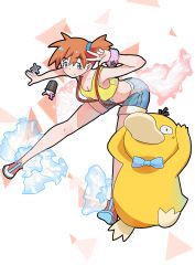 1girl absurdres bare_arms bent_over blue_eyes blush breasts denim denim_shorts eyelashes gen_1_pokemon green_shorts hair_between_eyes highres misty_(pokemon) navel nintendo orange_hair poke_ball pokemon pokemon_(anime) pokemon_(classic_anime) psyduck shirt shoes short_hair shorts smile sneakers starmie suspender_shorts suspenders yellow_shirt