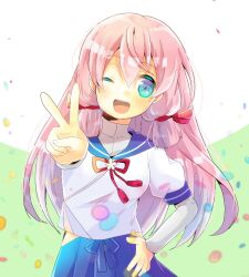 1girl ;d akashi_(kancolle) blue_eyes blue_sailor_collar blue_skirt blush bow breasts commentary_request green_background hair_between_eyes hair_ribbon hand_on_own_hip kantai_collection kou_hiyoyo layered_sleeves long_hair long_sleeves looking_at_viewer neck_ribbon one_eye_closed open_mouth outstretched_arm pink_hair puffy_short_sleeves puffy_sleeves red_ribbon ribbon sailor_collar school_uniform serafuku shirt short_over_long_sleeves short_sleeves sidelocks skirt small_breasts smile solo two-tone_background v very_long_hair white_background white_bow white_shirt