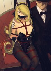 1boy 1girl absurdres animal_ears bdsm black_gloves black_leotard black_pantyhose blonde_hair bondage bound cad_(caddo) commission couch cynthia_(pokemon) fake_animal_ears gag gloves hair_over_one_eye highres leotard long_hair nintendo on_couch pantyhose playboy_bunny pokemon pokemon_(creature) pokemon_dppt restrained second-party_source shibari sitting strapless strapless_leotard